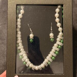 Green and white pearl necklace and earring set with rhinestones
